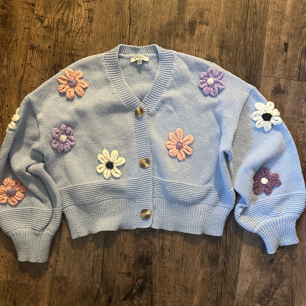 Blue floral crochet knit cardigan